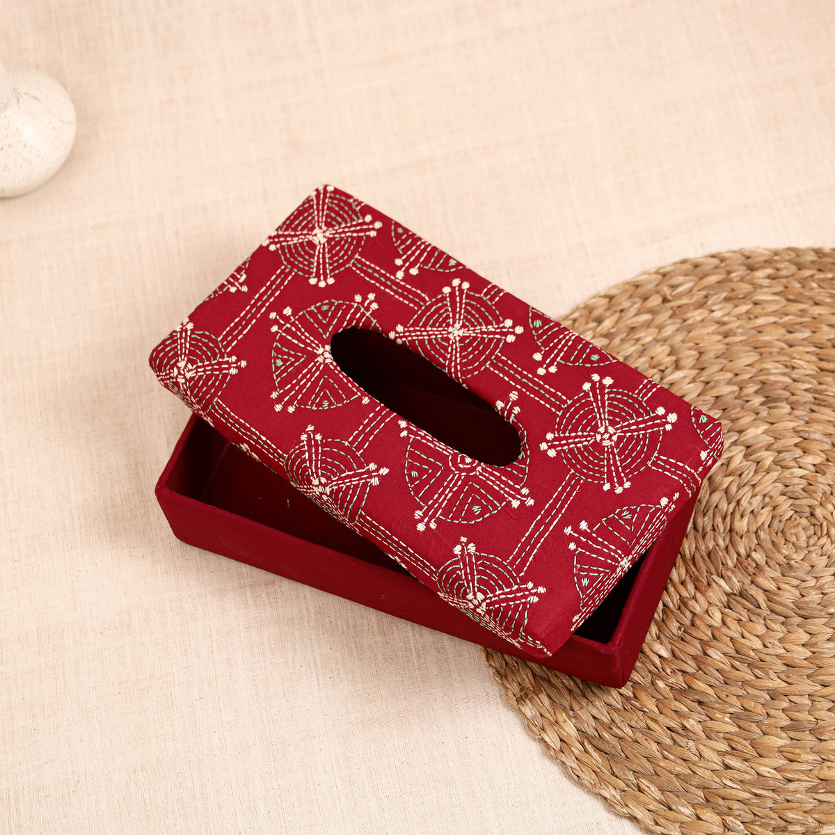 Red - handcrafted bengal kantha work tissue box 39