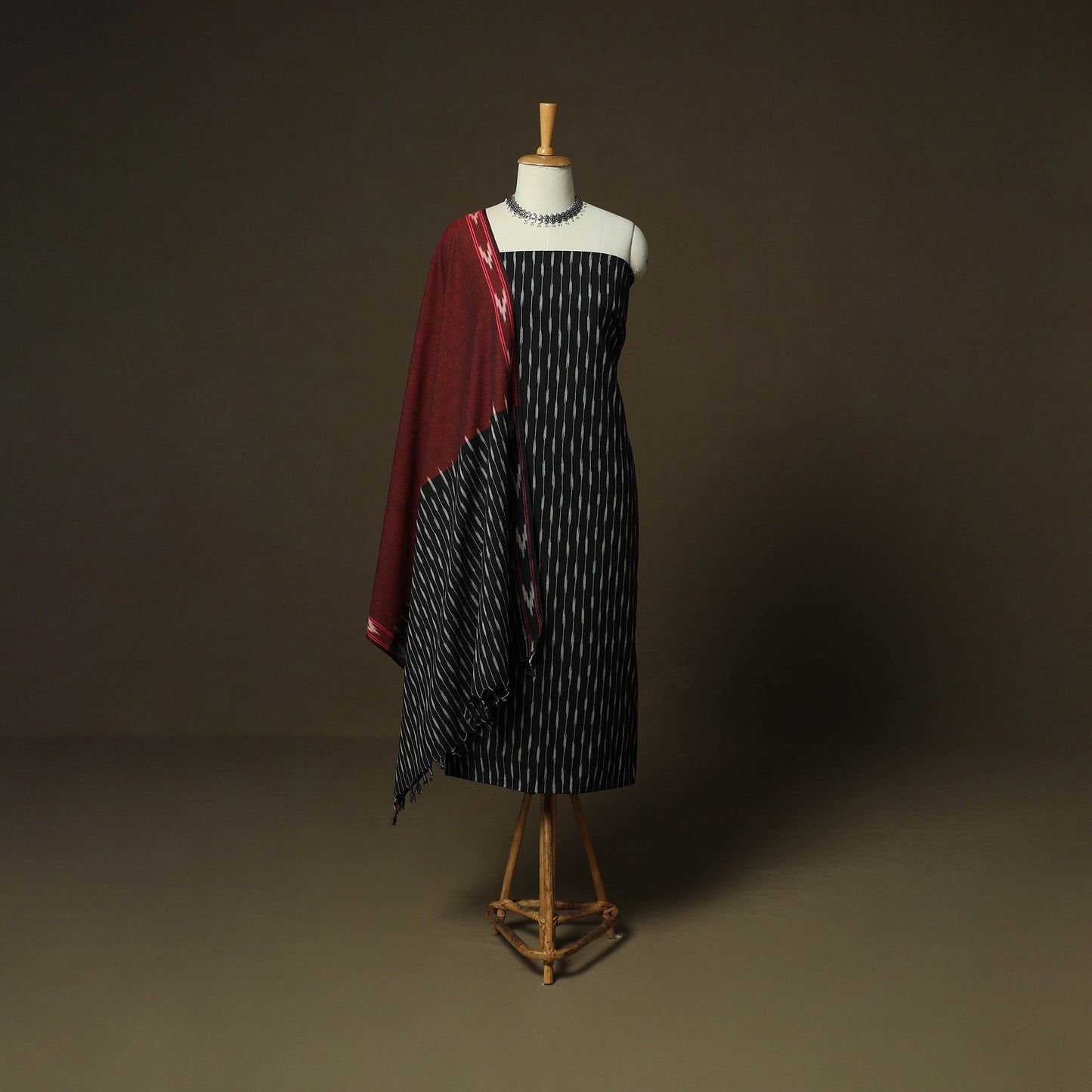 Black - Pochampally Ikat Weave 3pc Cotton Unstitched Dress Material Suit Set 18