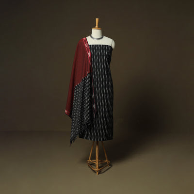 Black - Pochampally Ikat Weave 3pc Cotton Unstitched Dress Material Suit Set 18
