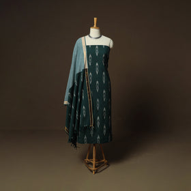 Green - Pochampally Ikat Weave 3pc Cotton Unstitched Dress Material Suit Set 19