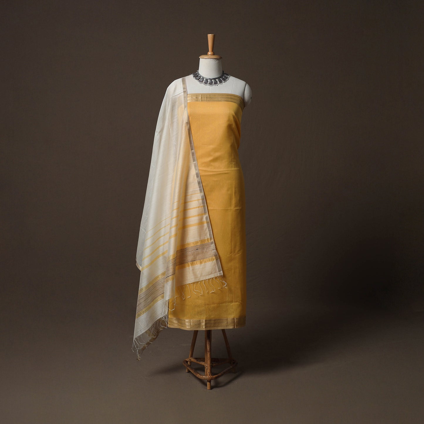 Orange - Yellow - 2pc Handloom Maheshwari Silk Unstitched Dress Material Kurta Set with Zari Border 01