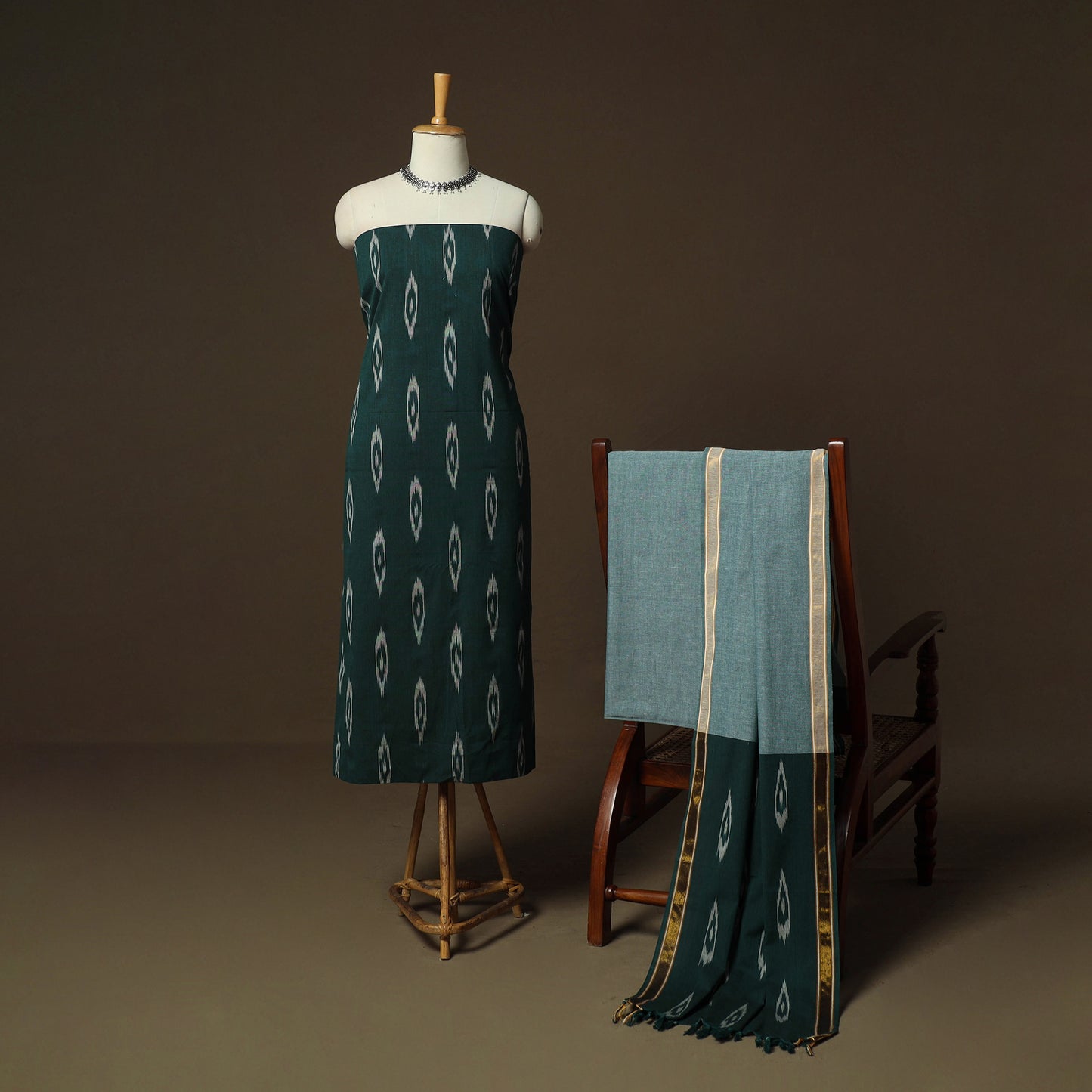 Green - Pochampally Ikat Weave 3pc Cotton Unstitched Dress Material Suit Set 19