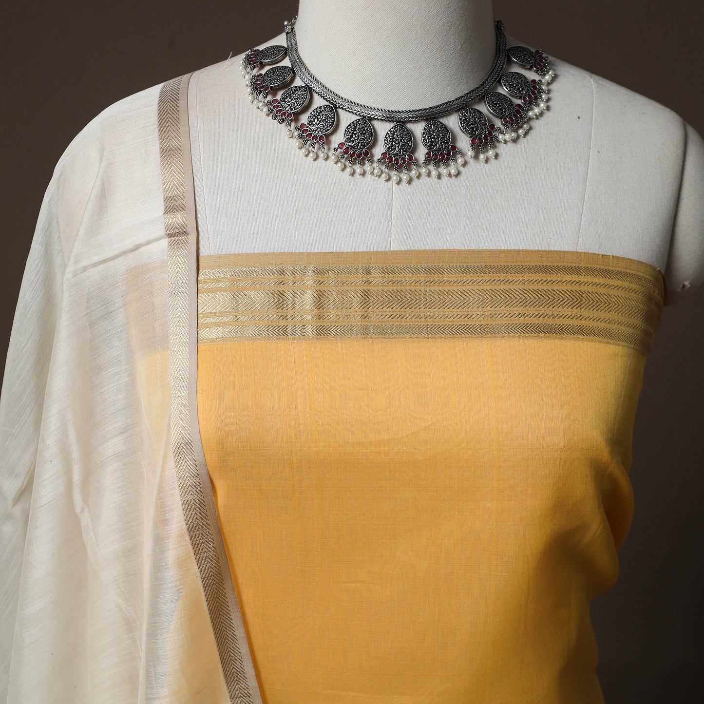 Orange - Yellow - 2pc Handloom Maheshwari Silk Unstitched Dress Material Kurta Set with Zari Border 01