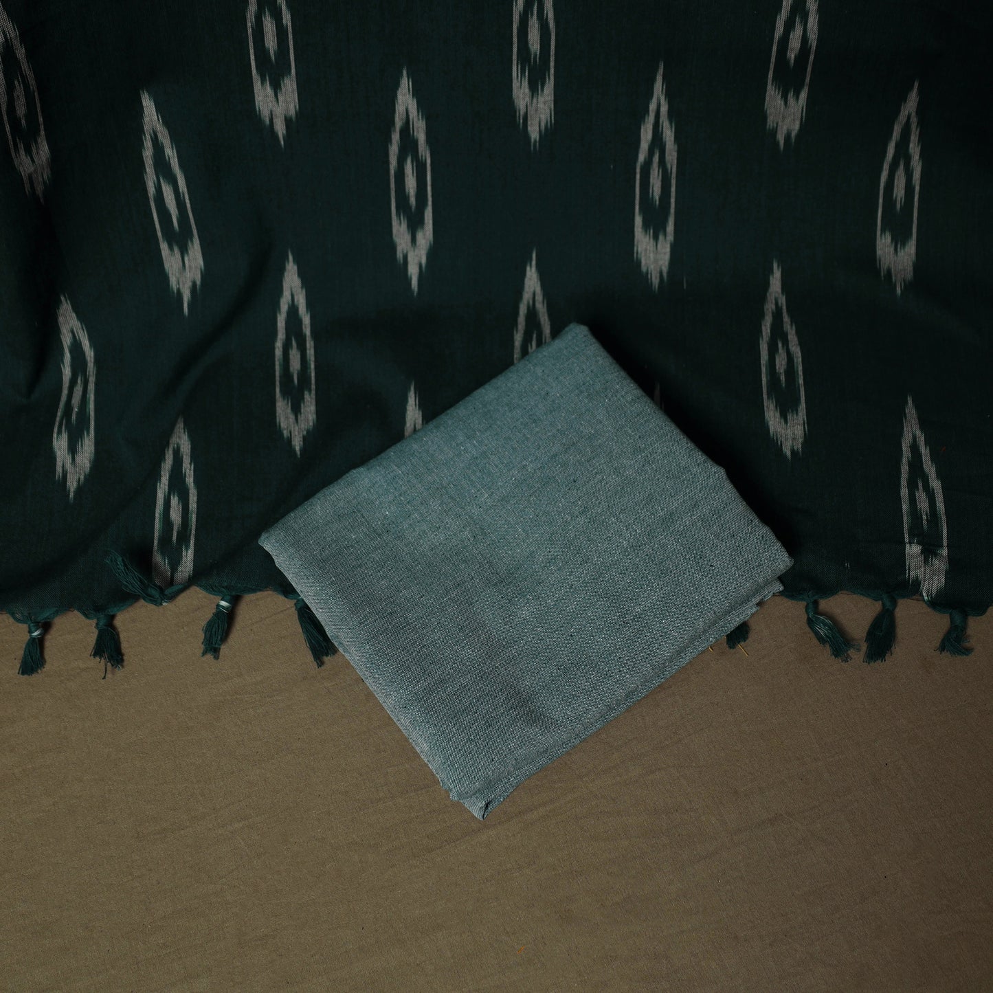Green - Pochampally Ikat Weave 3pc Cotton Unstitched Dress Material Suit Set 19