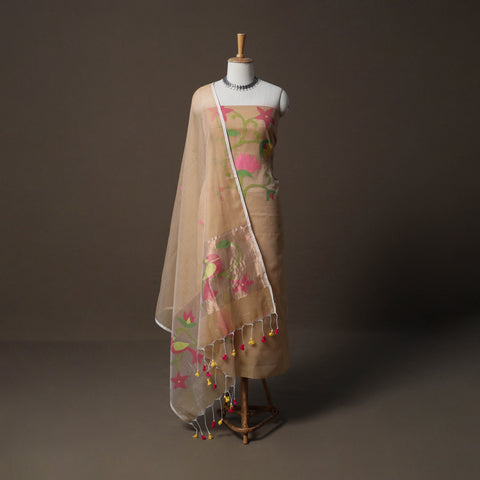Handwoven Phulia Jamdani Muslin Silk 2pc Unstitched Dress Material Kurta Set 45