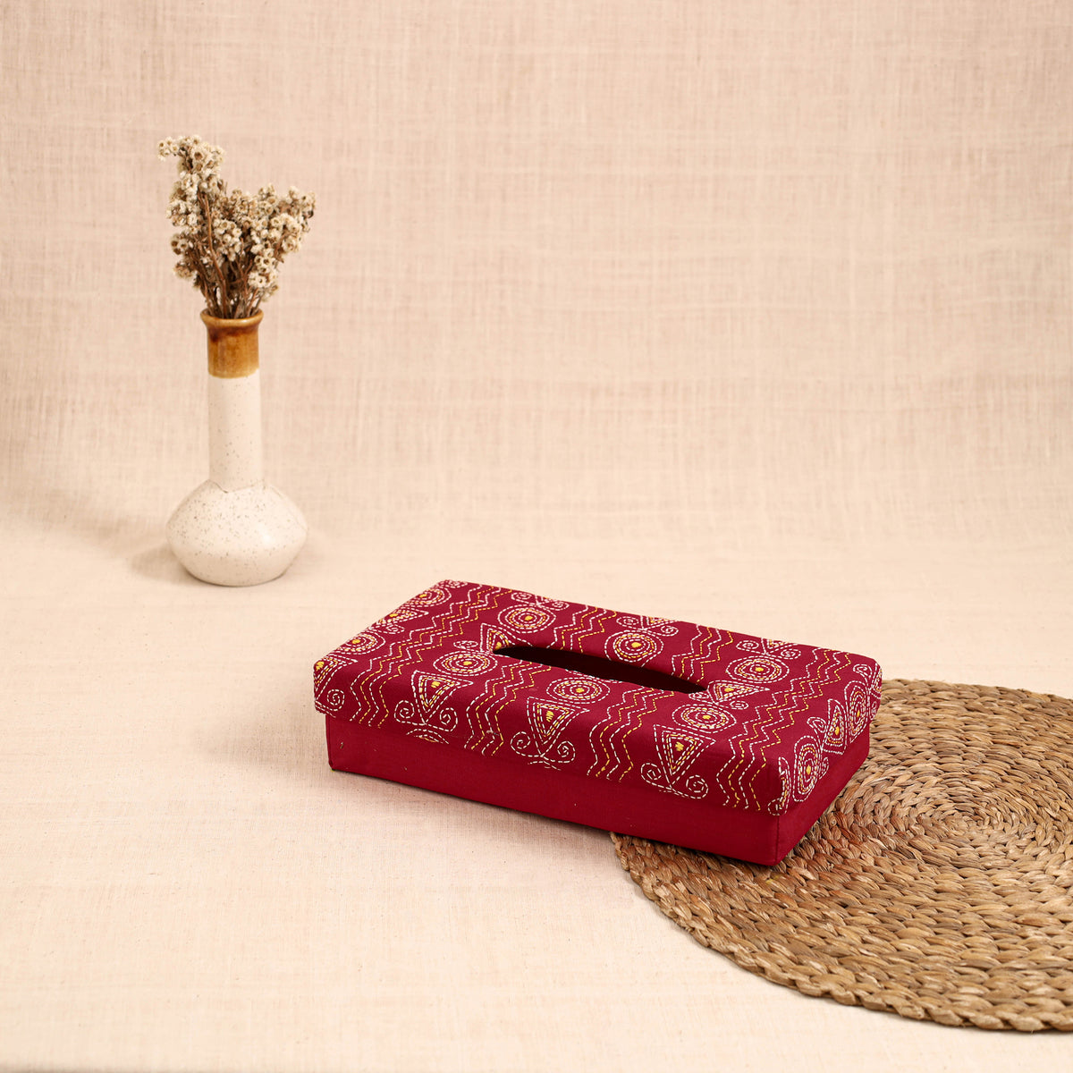 Red - handcrafted bengal kantha work tissue box 21