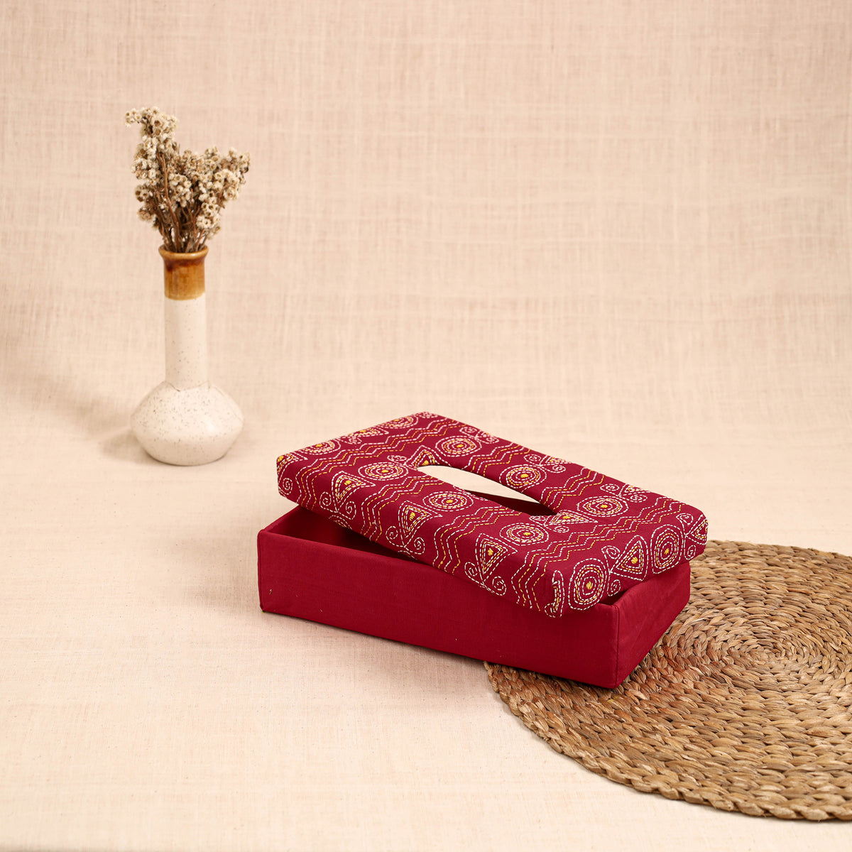 Red - handcrafted bengal kantha work tissue box 21