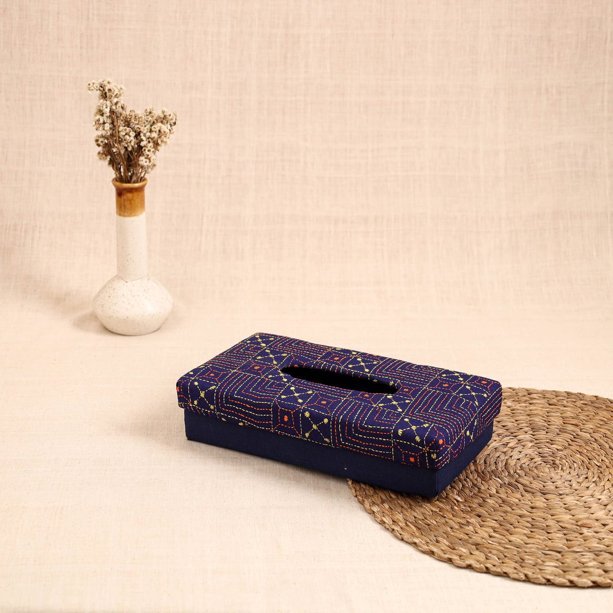 Blue - handcrafted bengal kantha work tissue box 20