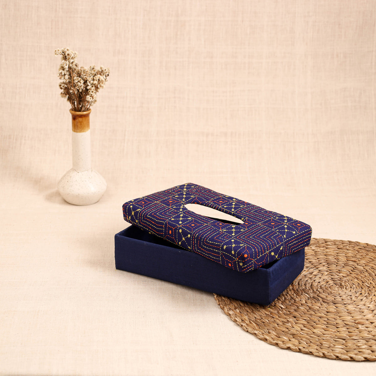 Blue - handcrafted bengal kantha work tissue box 20