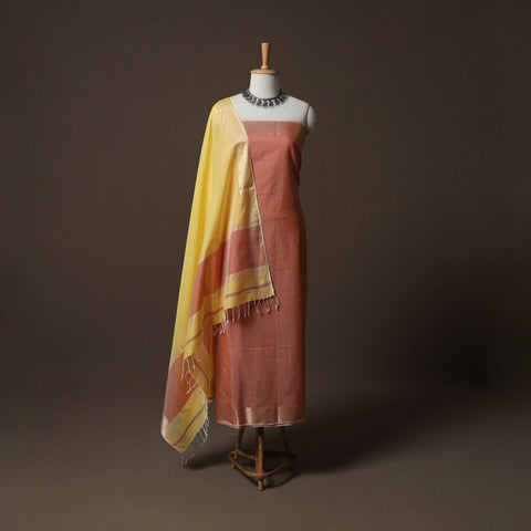 Peach - 2pc Handloom Maheshwari Silk Unstitched Dress Material Kurta Set with Zari Border 03