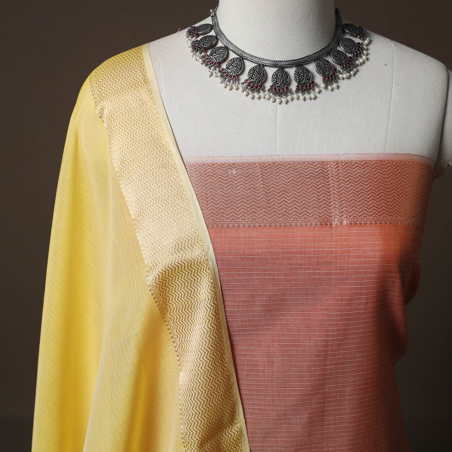 Peach - 2pc Handloom Maheshwari Silk Unstitched Dress Material Kurta Set with Zari Border 03