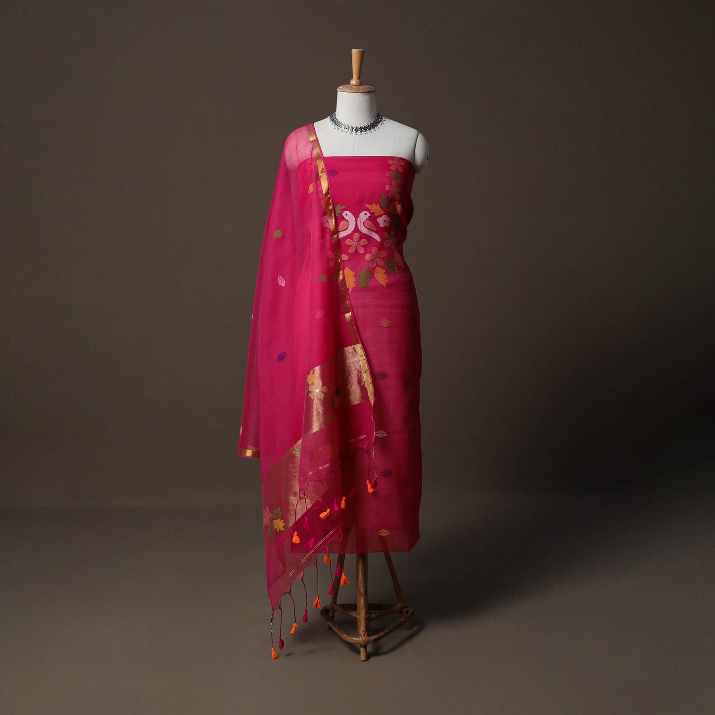 Handwoven Phulia Jamdani Muslin Silk 2pc Unstitched Dress Material Kurta Set 47