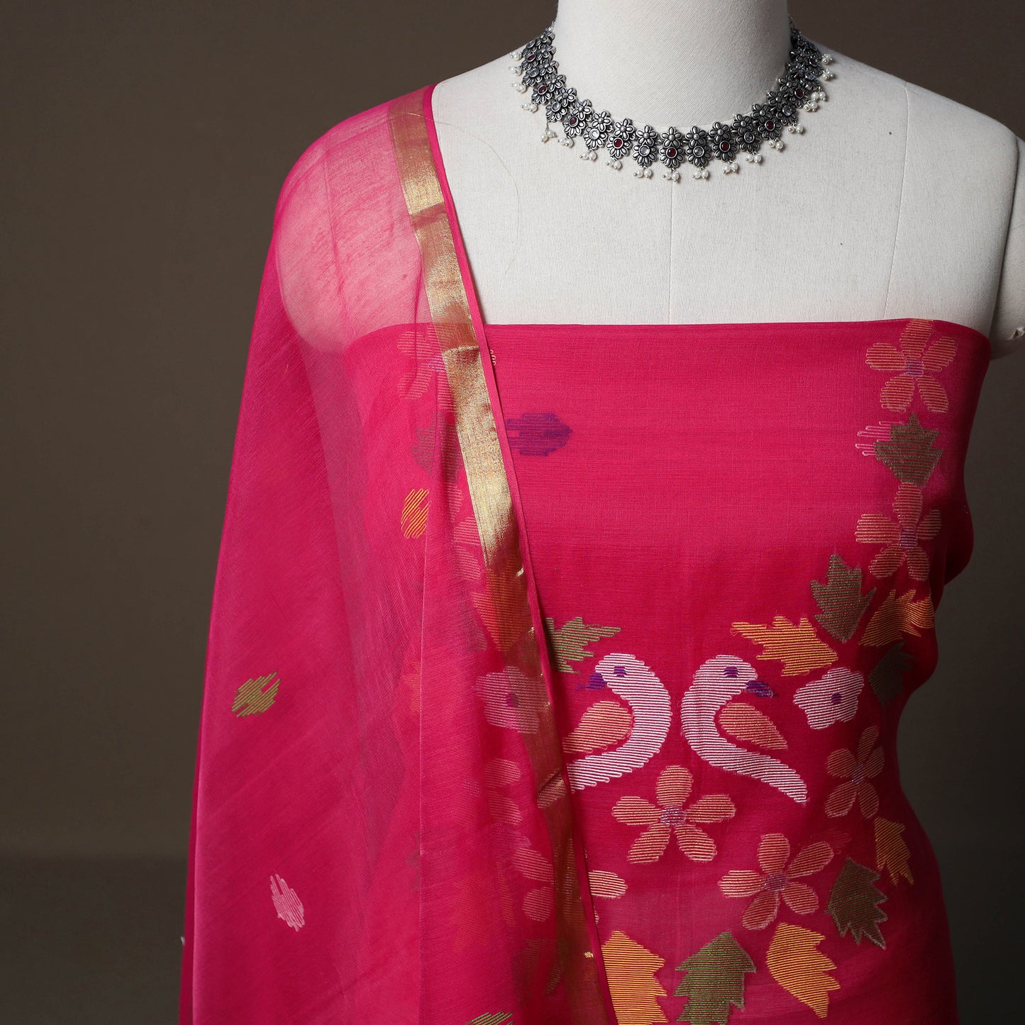 Handwoven Phulia Jamdani Muslin Silk 2pc Unstitched Dress Material Kurta Set 47