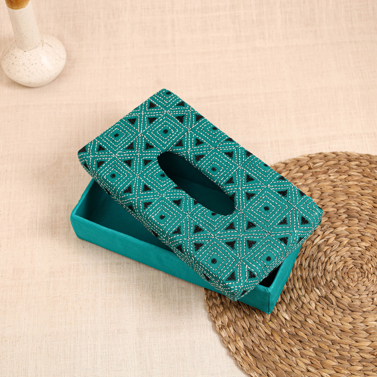 Blue - handcrafted bengal kantha work tissue box 30