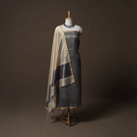 Grey - 2pc Handloom Tissue Zari Stripes Maheshwari Silk Unstitched Dress Material Kurta Set 04