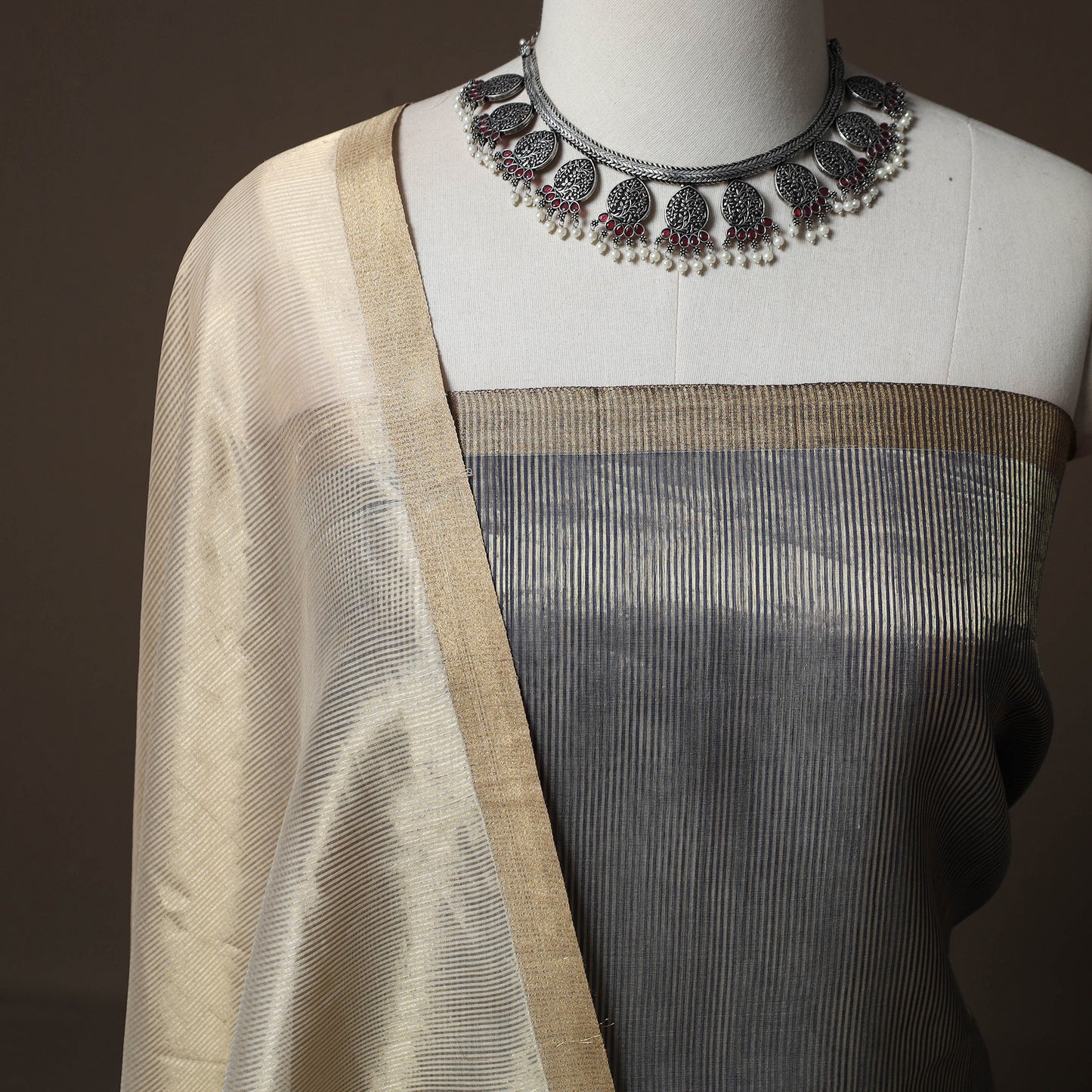Grey - 2pc Handloom Tissue Zari Stripes Maheshwari Silk Unstitched Dress Material Kurta Set 04