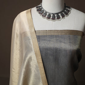 Grey - 2pc Handloom Tissue Zari Stripes Maheshwari Silk Unstitched Dress Material Kurta Set 04