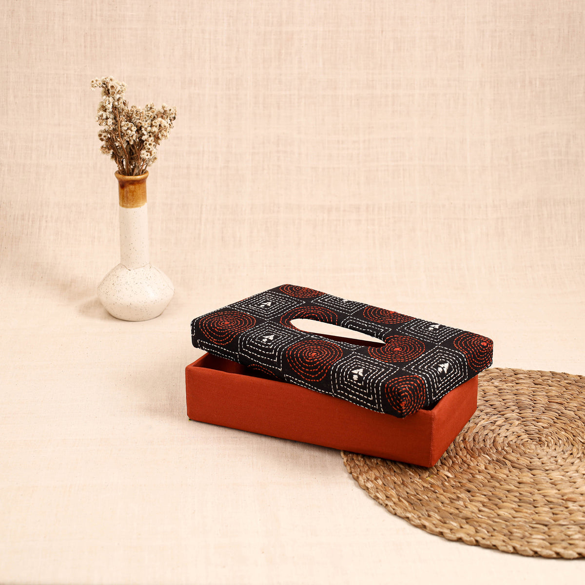 Orange - handcrafted bengal kantha work tissue box 34