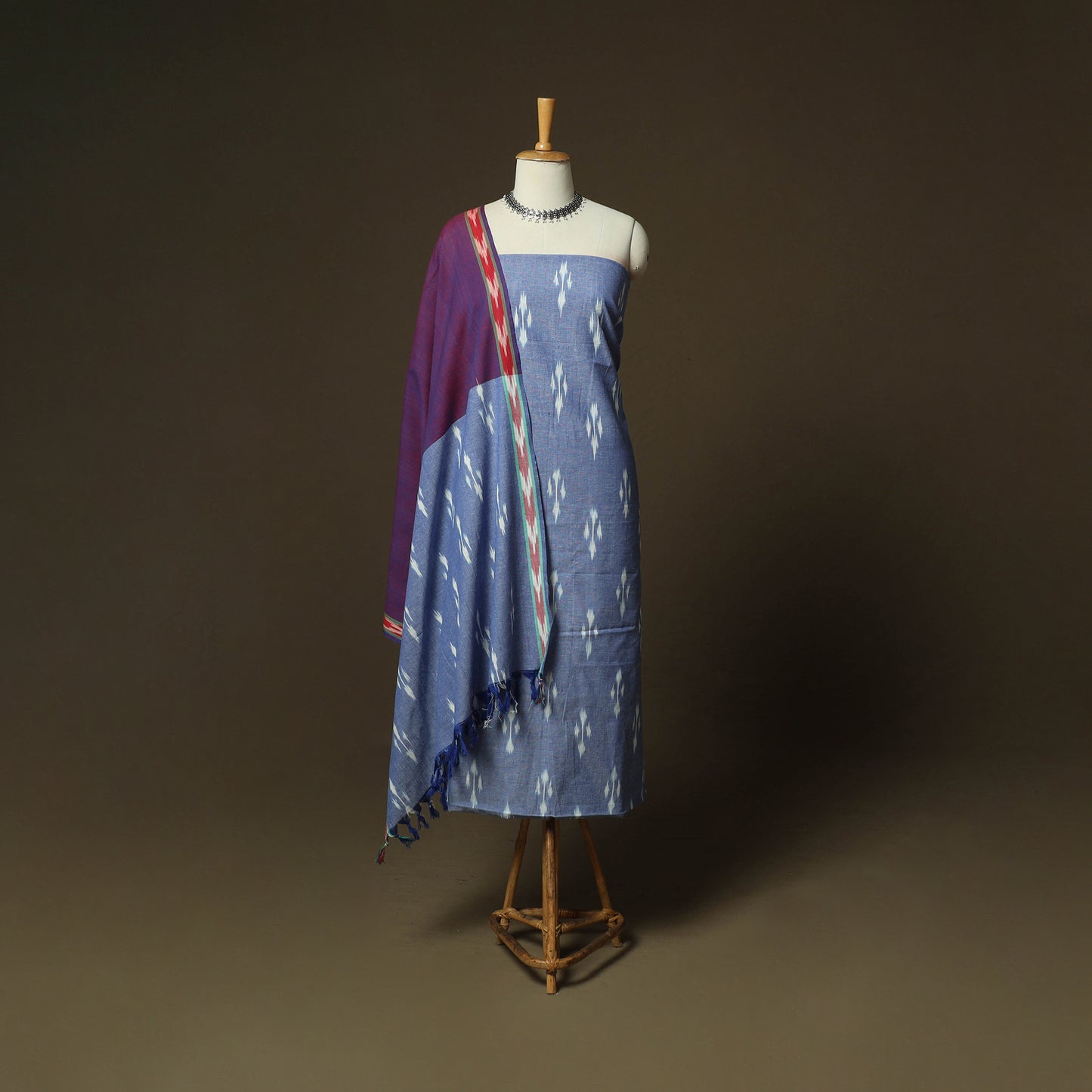 Blue - Pochampally Ikat Weave 3pc Cotton Unstitched Dress Material Suit Set 22