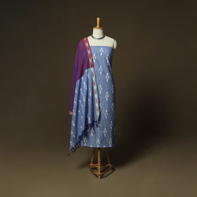 Blue - Pochampally Ikat Weave 3pc Cotton Unstitched Dress Material Suit Set 22