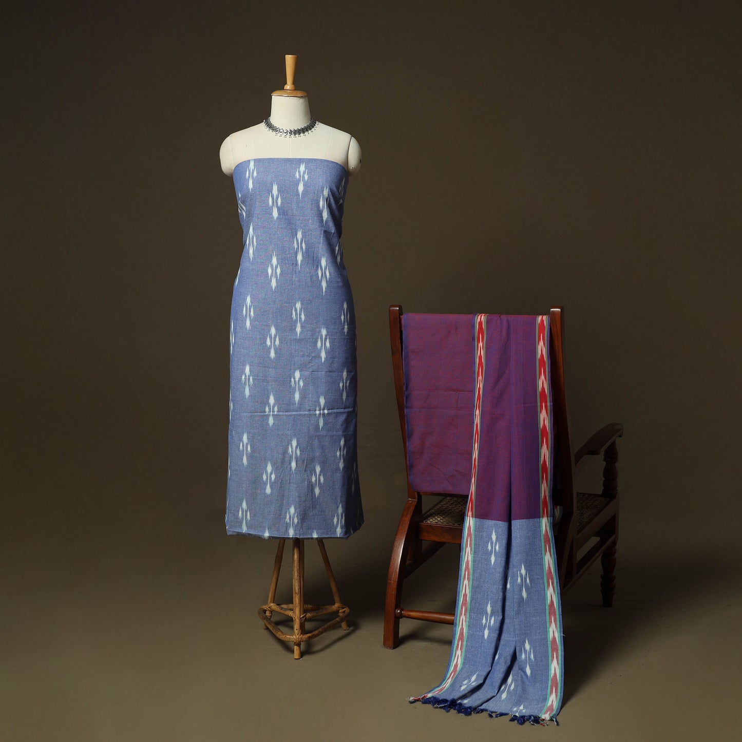 Blue - Pochampally Ikat Weave 3pc Cotton Unstitched Dress Material Suit Set 22