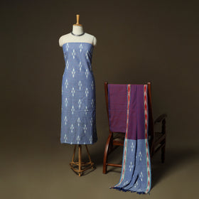 Blue - Pochampally Ikat Weave 3pc Cotton Unstitched Dress Material Suit Set 22