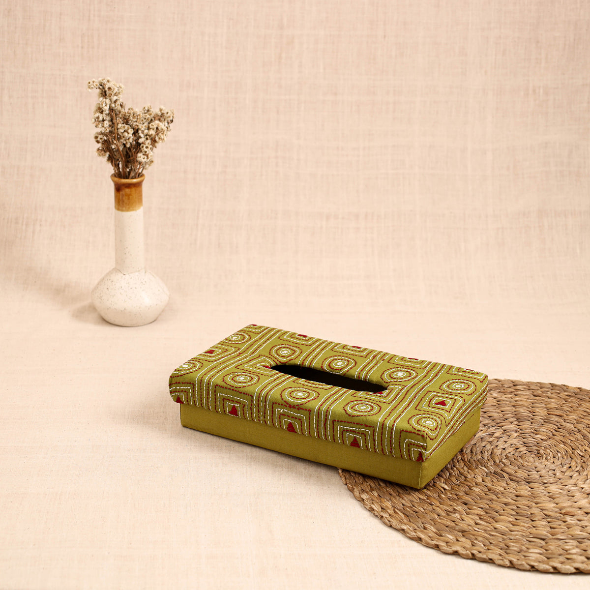 Green - handcrafted bengal kantha work tissue box 33
