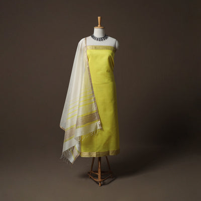 Yellow - 2pc Handloom Maheshwari Silk Unstitched Dress Material Kurta Set 05