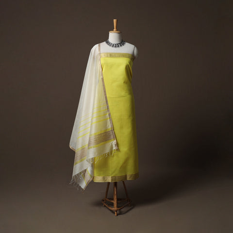 Yellow - 2pc Handloom Maheshwari Silk Unstitched Dress Material Kurta Set 05