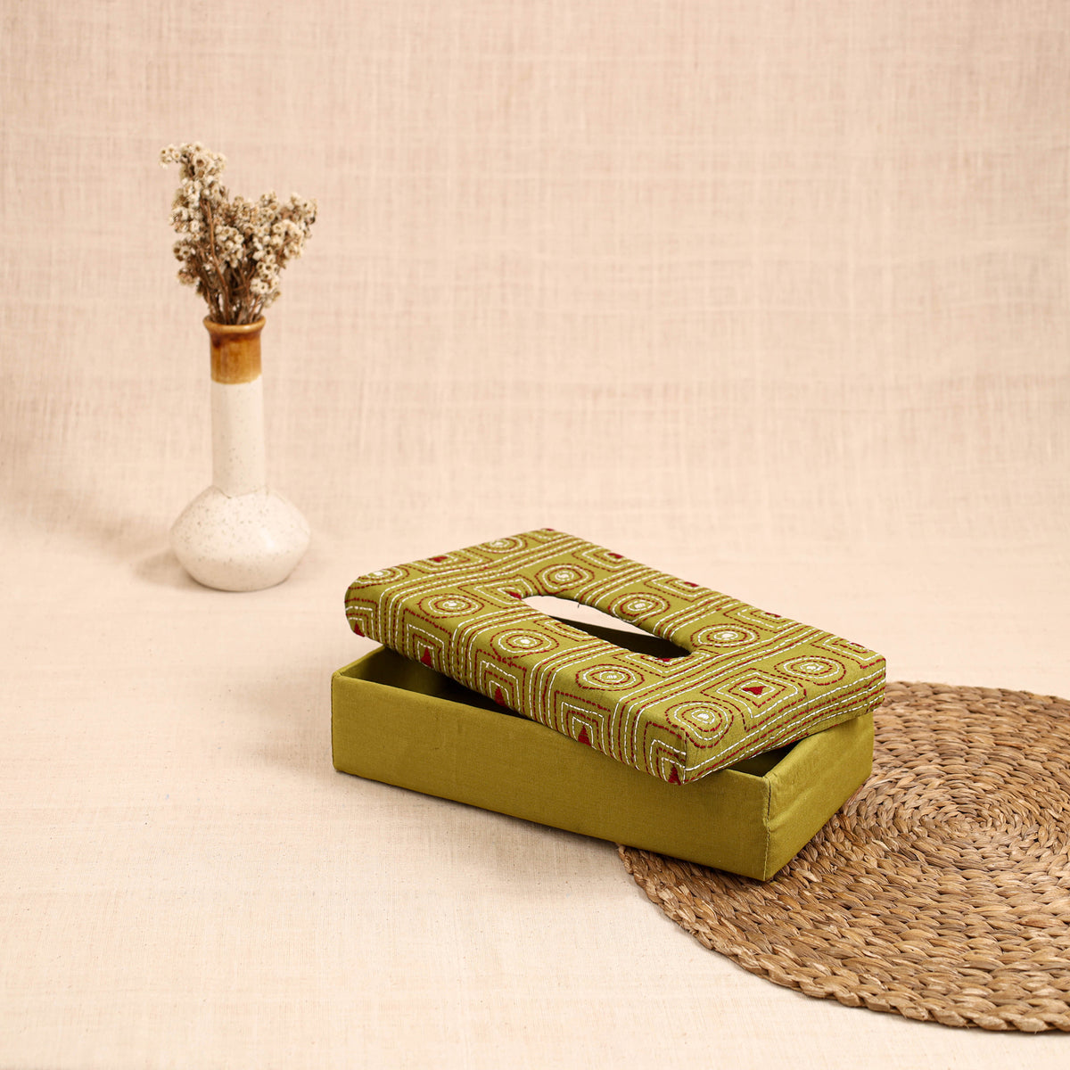 Green - handcrafted bengal kantha work tissue box 33