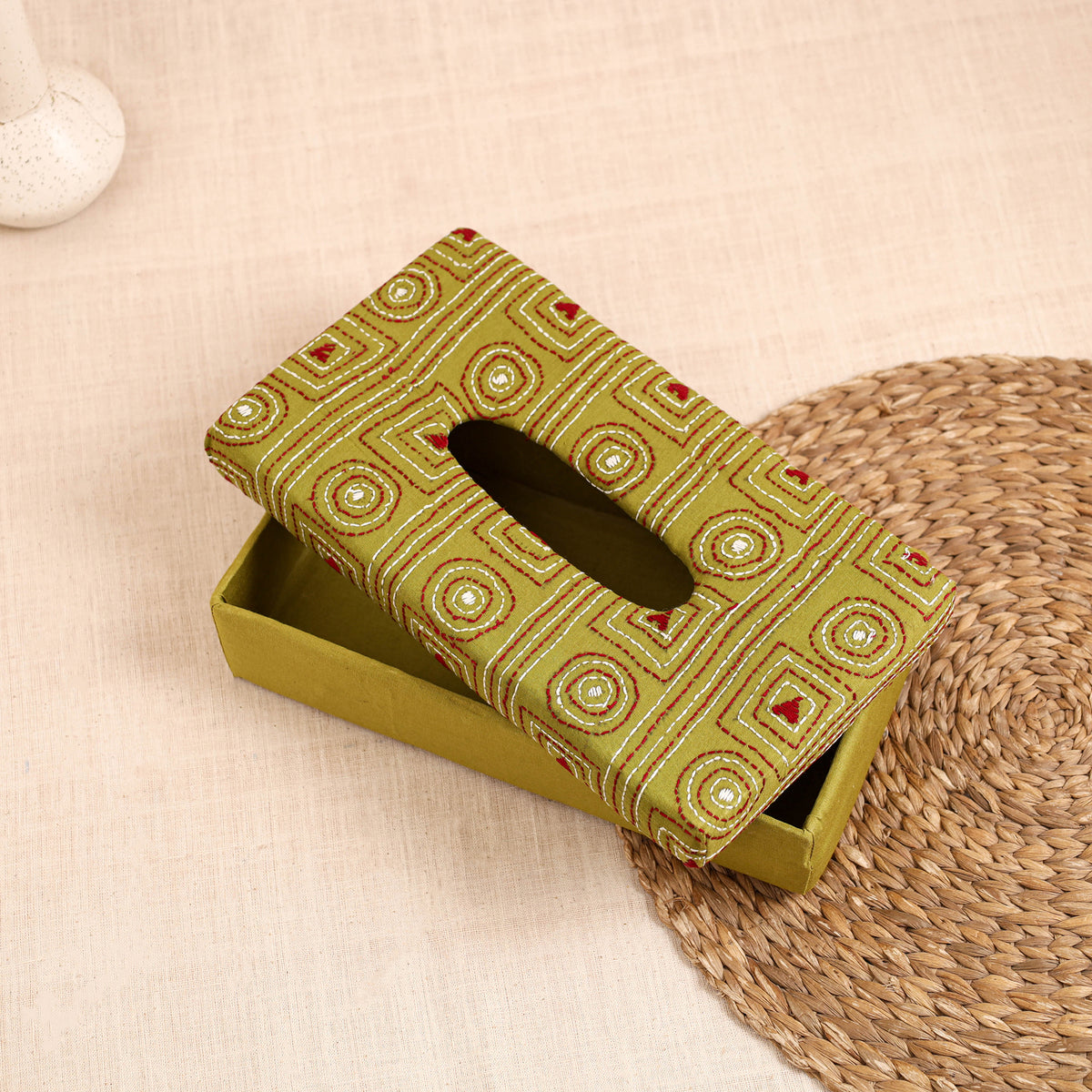 Green - handcrafted bengal kantha work tissue box 33