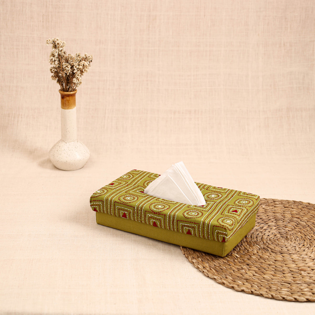 Green - handcrafted bengal kantha work tissue box 33