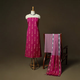 Pink - Pochampally Ikat Weave 3pc Cotton Unstitched Dress Material Suit Set 23