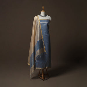 Blue - 2pc Handloom Tissue Zari Stripes Maheshwari Silk Unstitched Dress Material Kurta Set 06