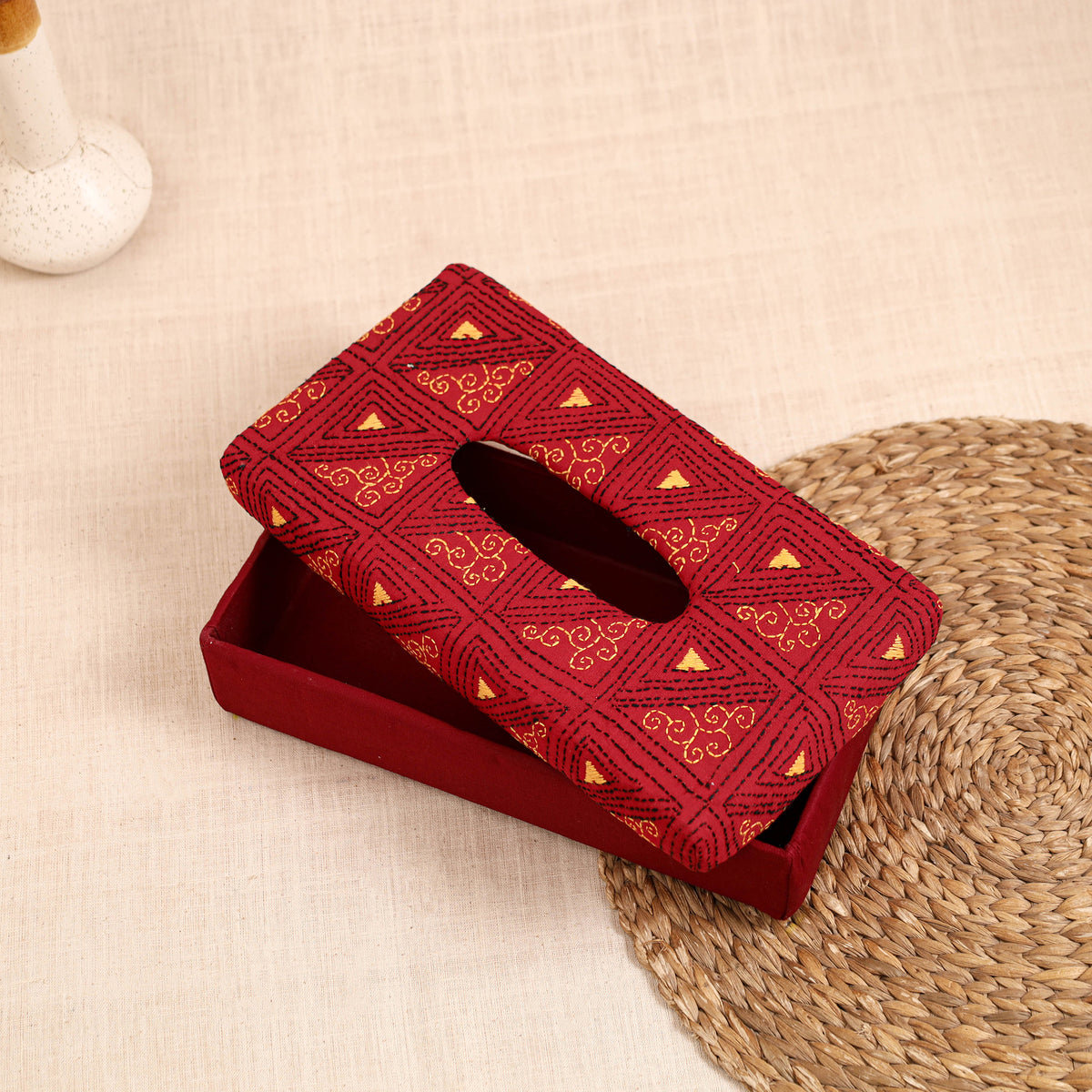 Red - handcrafted bengal kantha work tissue box 74
