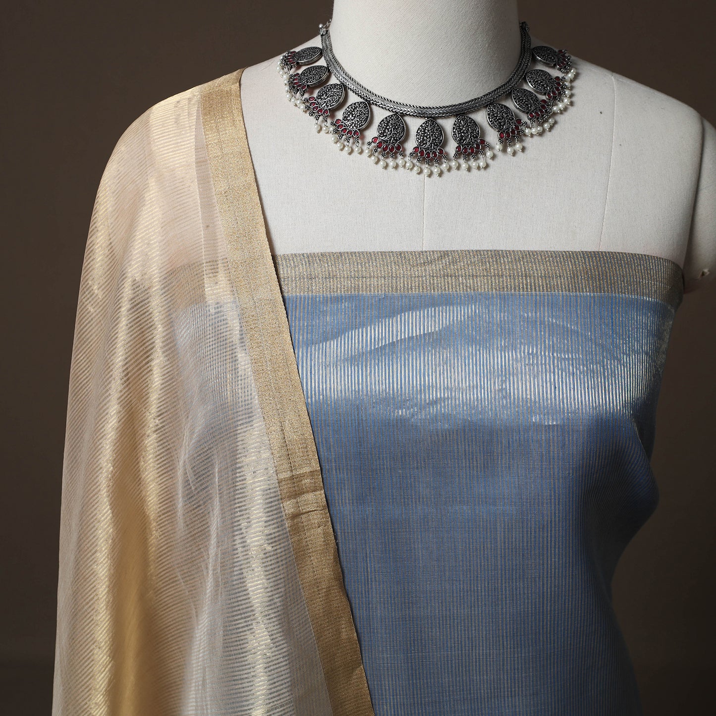 Blue - 2pc Handloom Tissue Zari Stripes Maheshwari Silk Unstitched Dress Material Kurta Set 06