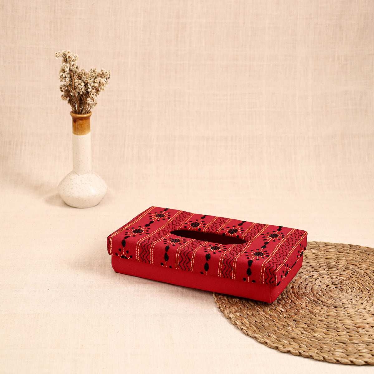 Red - handcrafted bengal kantha work tissue box 36
