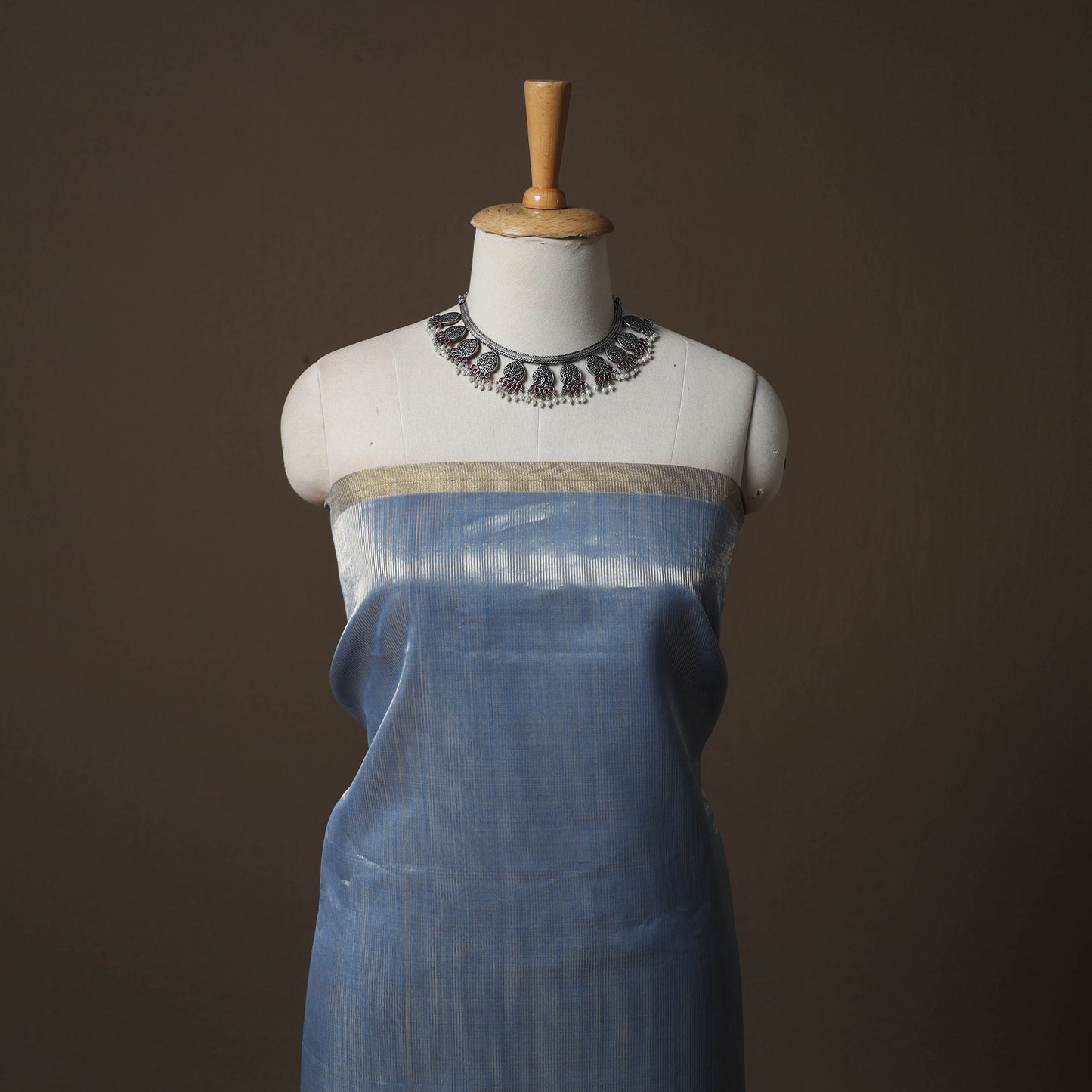 Blue - 2pc Handloom Tissue Zari Stripes Maheshwari Silk Unstitched Dress Material Kurta Set 06