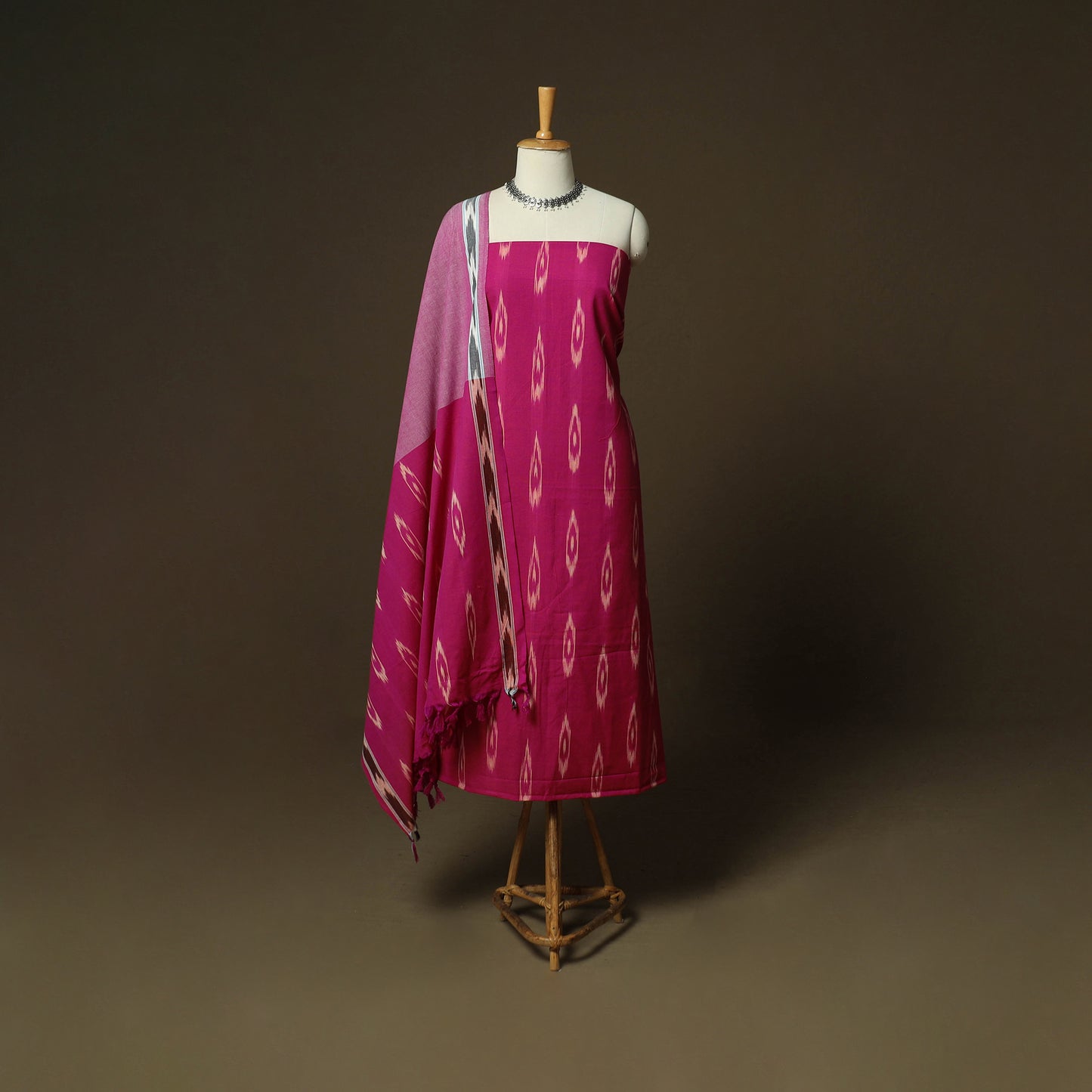 Pink - Pochampally Ikat Weave 3pc Cotton Unstitched Dress Material Suit Set 23