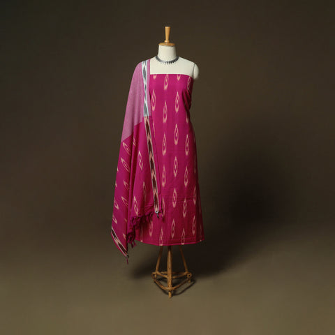 Pink - Pochampally Ikat Weave 3pc Cotton Unstitched Dress Material Suit Set 23