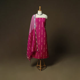 Pink - Pochampally Ikat Weave 3pc Cotton Unstitched Dress Material Suit Set 23