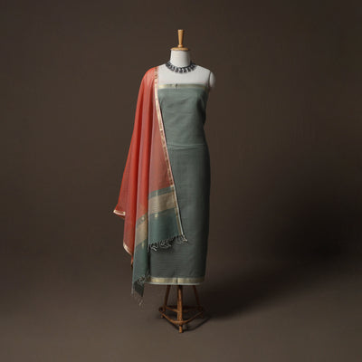 Green - 2pc Handloom Maheshwari Silk Unstitched Dress Material Kurta Set 07