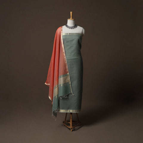 Green - 2pc Handloom Maheshwari Silk Unstitched Dress Material Kurta Set 07
