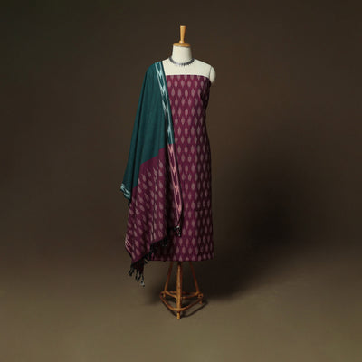 Purple - Pochampally Ikat Weave 3pc Cotton Unstitched Dress Material Suit Set 24