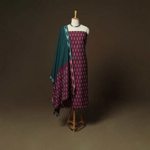 Purple - Pochampally Ikat Weave 3pc Cotton Unstitched Dress Material Suit Set 24