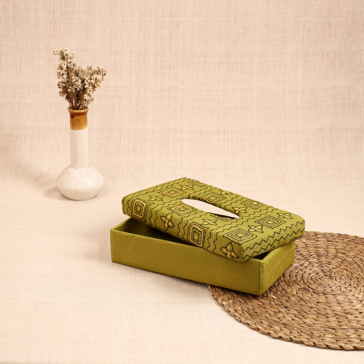 Green - handcrafted bengal kantha work tissue box 29