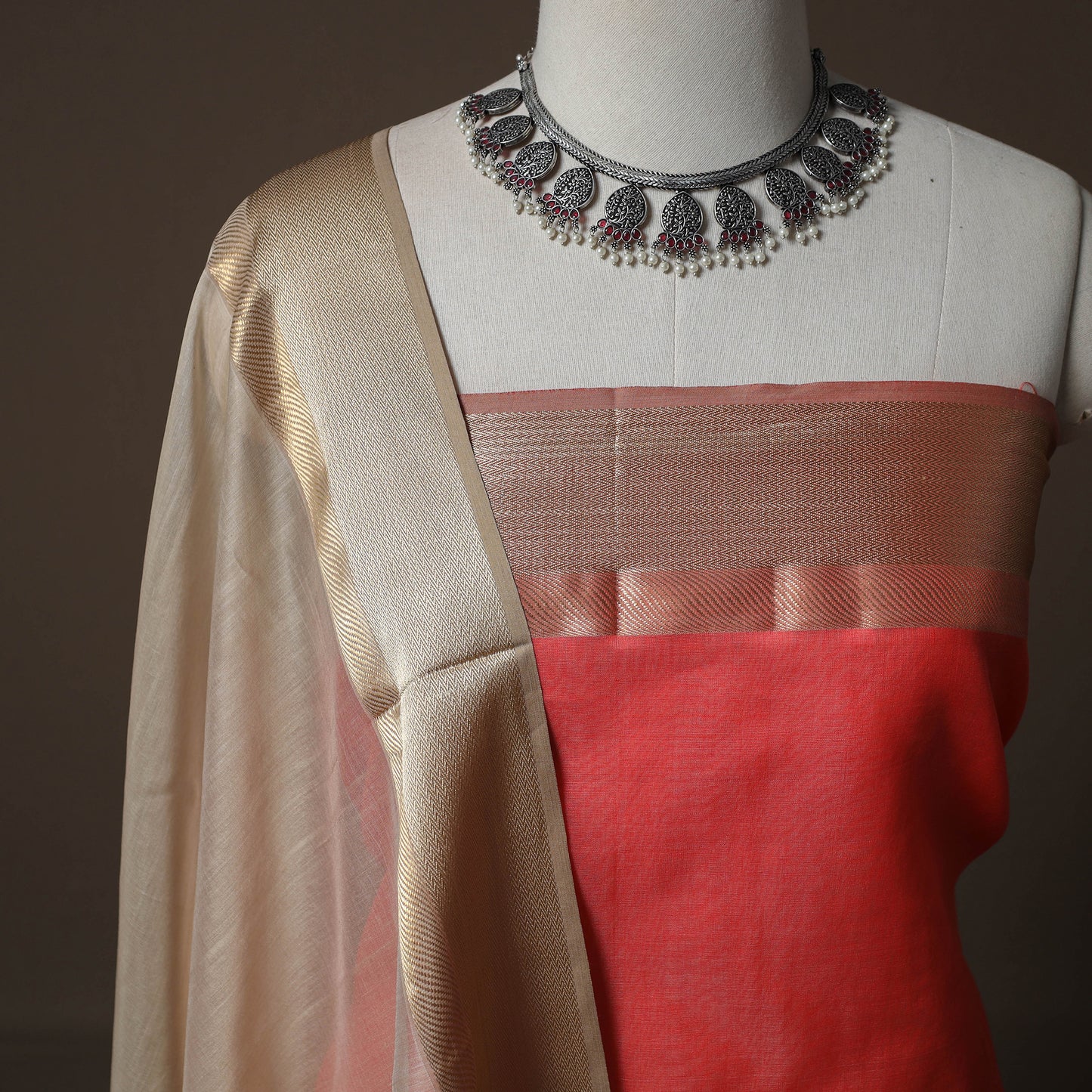 Pink - 2pc Handloom Maheshwari Silk Unstitched Dress Material Kurta Set with Resham Zari Border 08