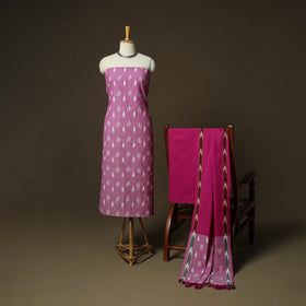 Pink - Pochampally Ikat Weave 3pc Cotton Unstitched Dress Material Suit Set 25