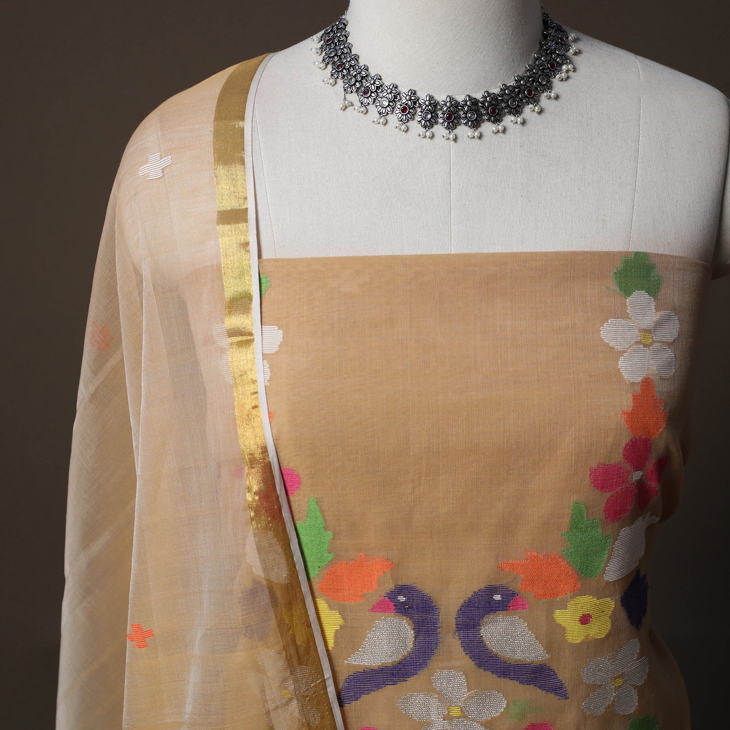 Handwoven Phulia Jamdani Muslin Silk 2pc Unstitched Dress Material Kurta Set 52