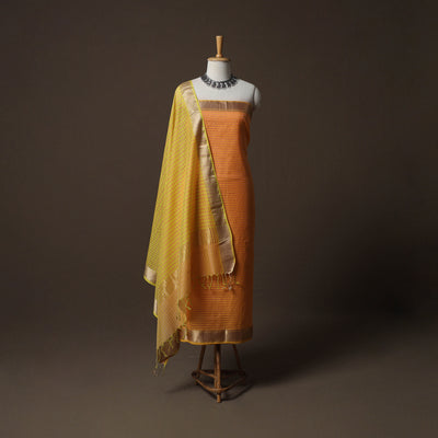 Orange - 2pc Handloom Maheshwari Silk Unstitched Dress Material Kurta Set with Zari Border 09